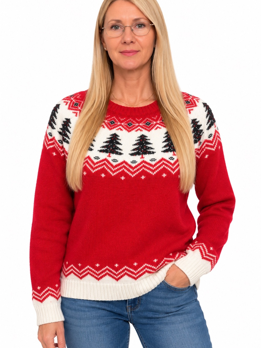 Women’s XS Cozy Red Christmas Sweater Fair Isle Christmas Tree Pullover Crewneck